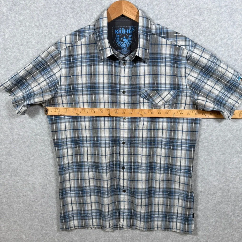 Kuhl Mens Large Blue Grey Plaid Short Sleeve Button Down Mountain Shirt Cotton - Picture 7 of 16